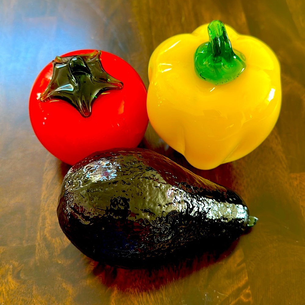 Vintage Murano glass vegetables. Yellow pepper tomato and avocado.